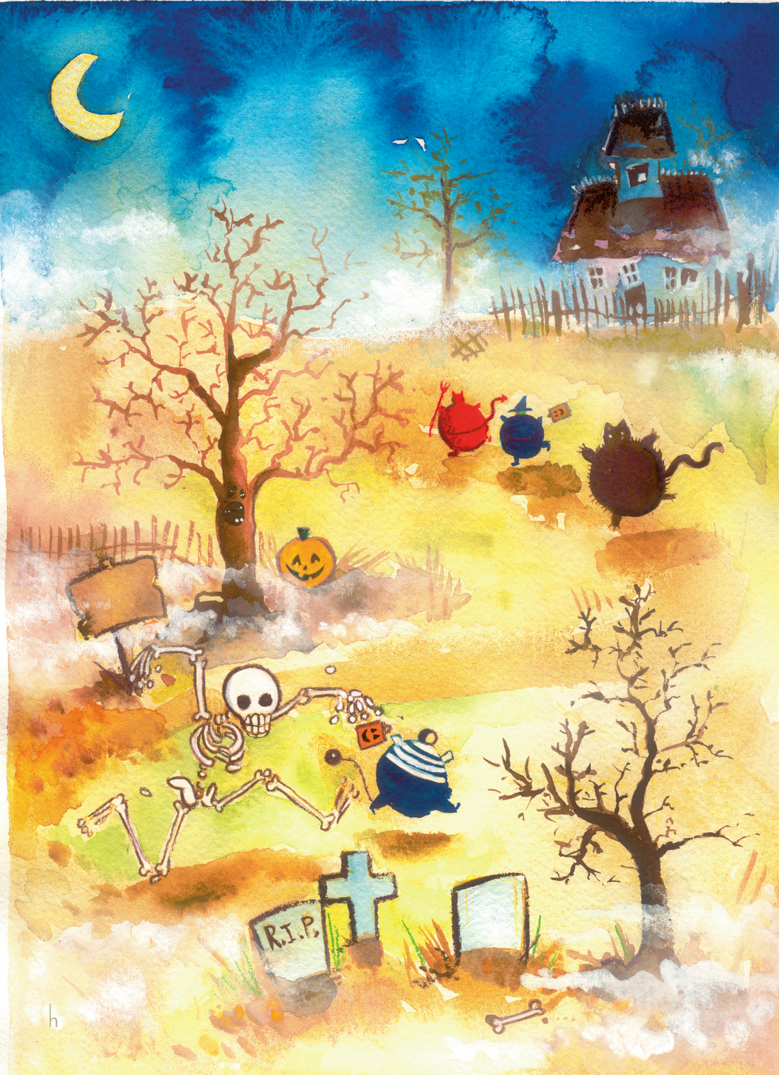 Heather Castles watercolour painting Halloween ghost skeleton trick or treat greeting card illustration