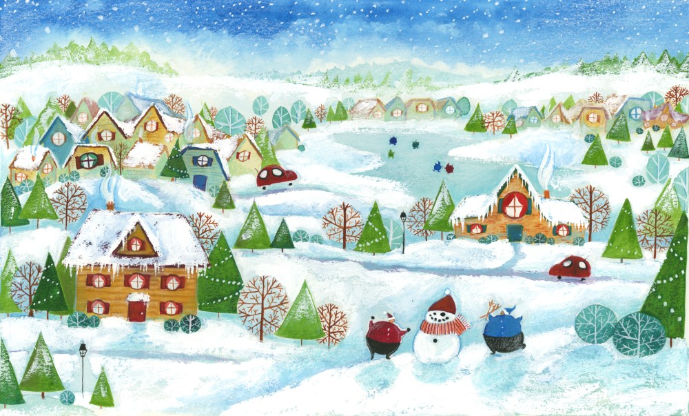 winter village whimsical illustration heather castles