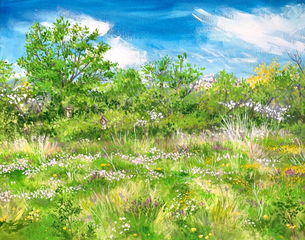 heather castles acrylic painting landscape meadow flowers trees
