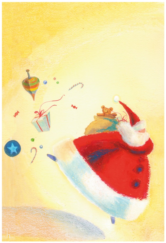 Heather Castles watercolour pastel painting Christmas Santa greeting card illustration