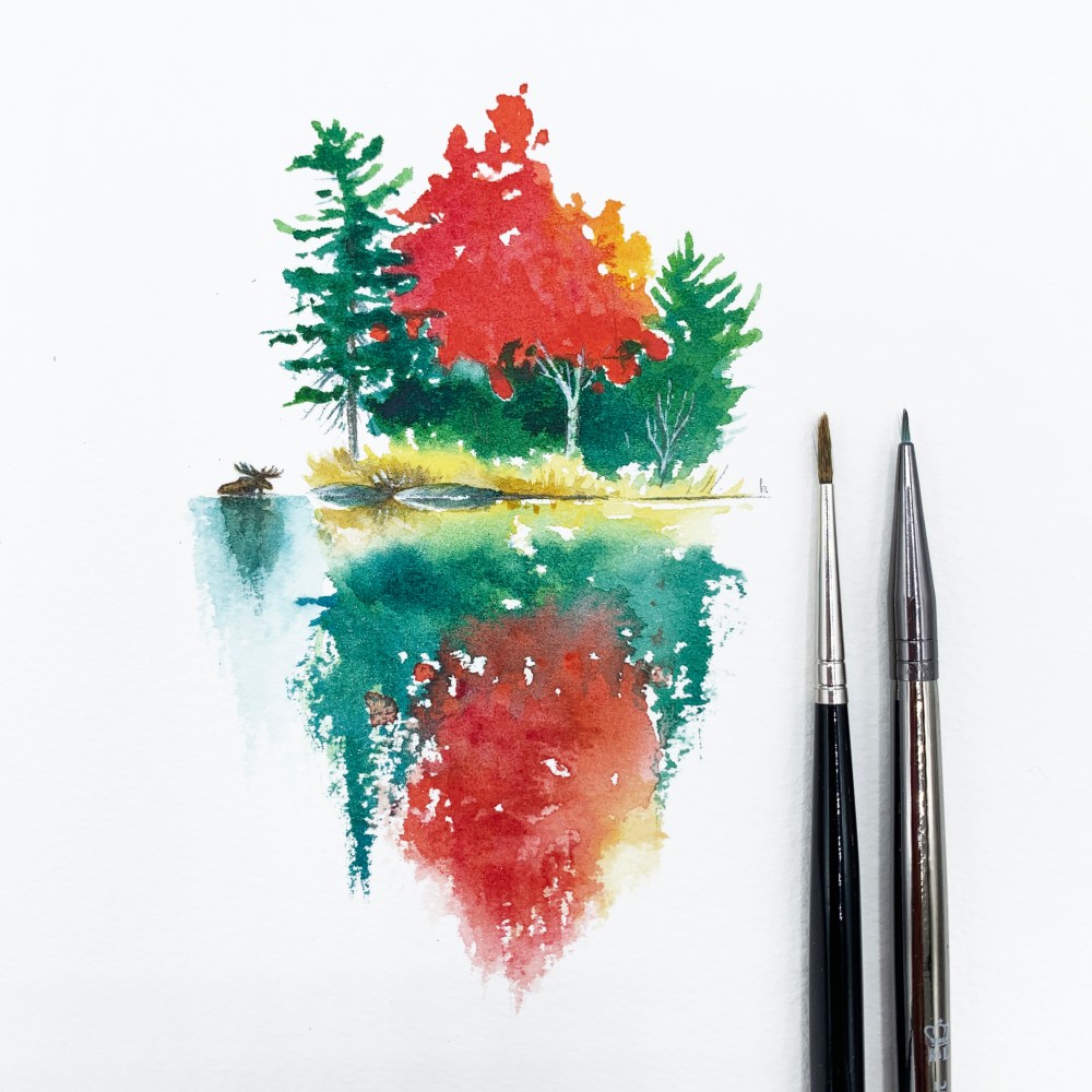 watercolour painting algonquin canada moose autumn red maple