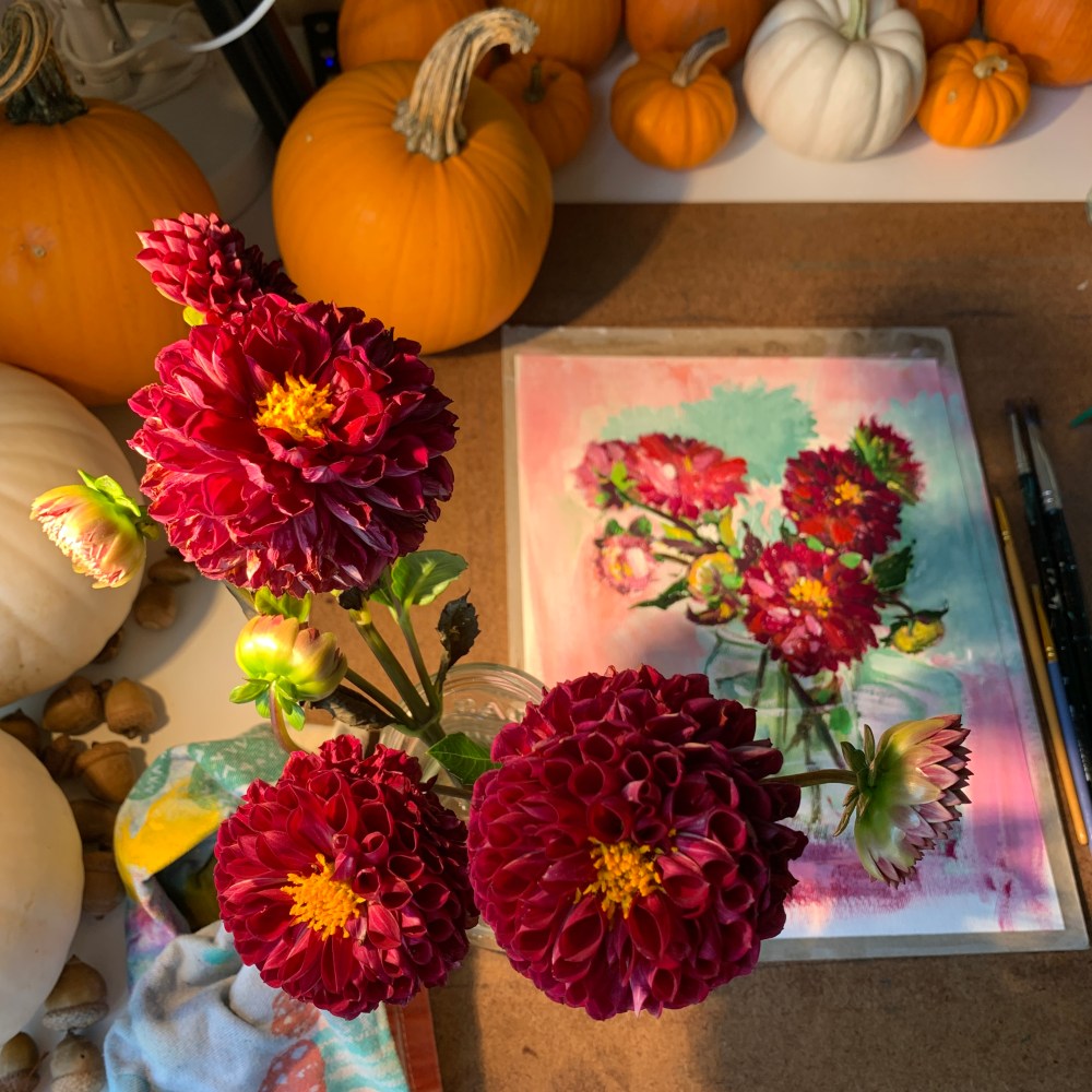 dahlias acrylic study sketch autumn Ontario canada