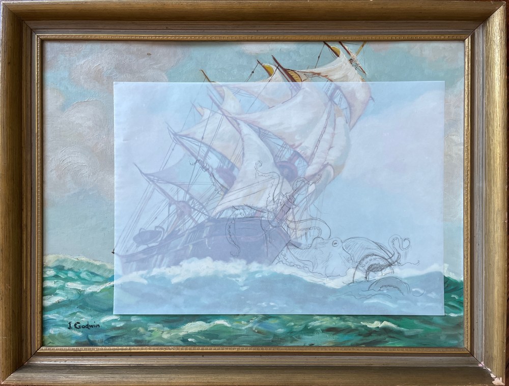 upcycled vintage art mixed media ship nautical painting octopus heather castles