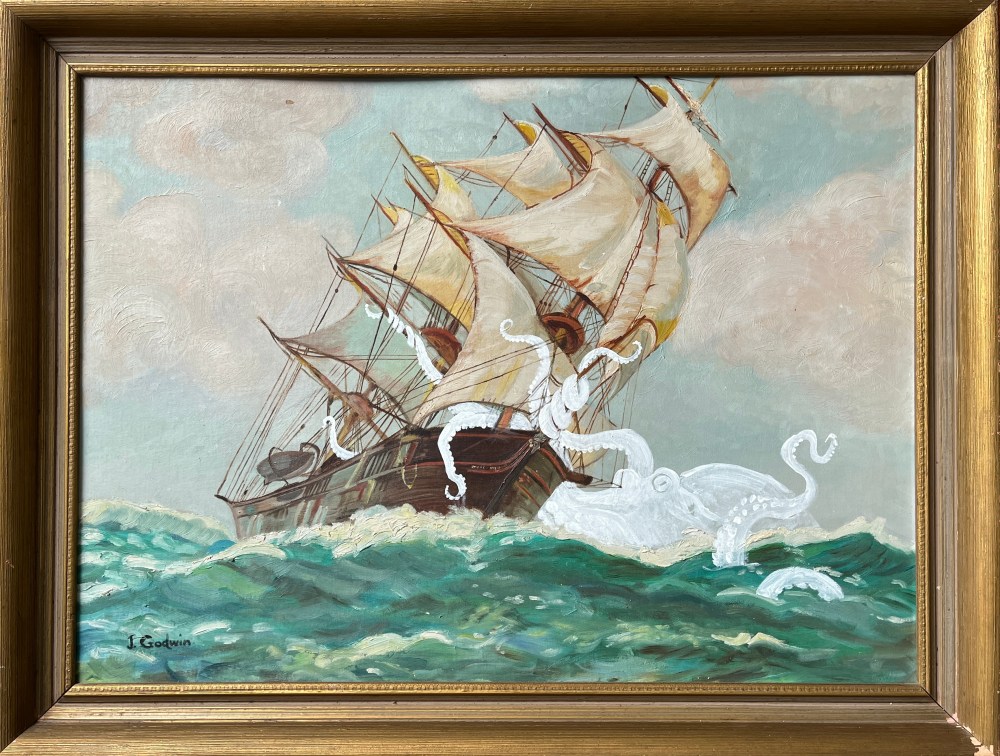 upcycled vintage art mixed media ship nautical painting octopus heather castles