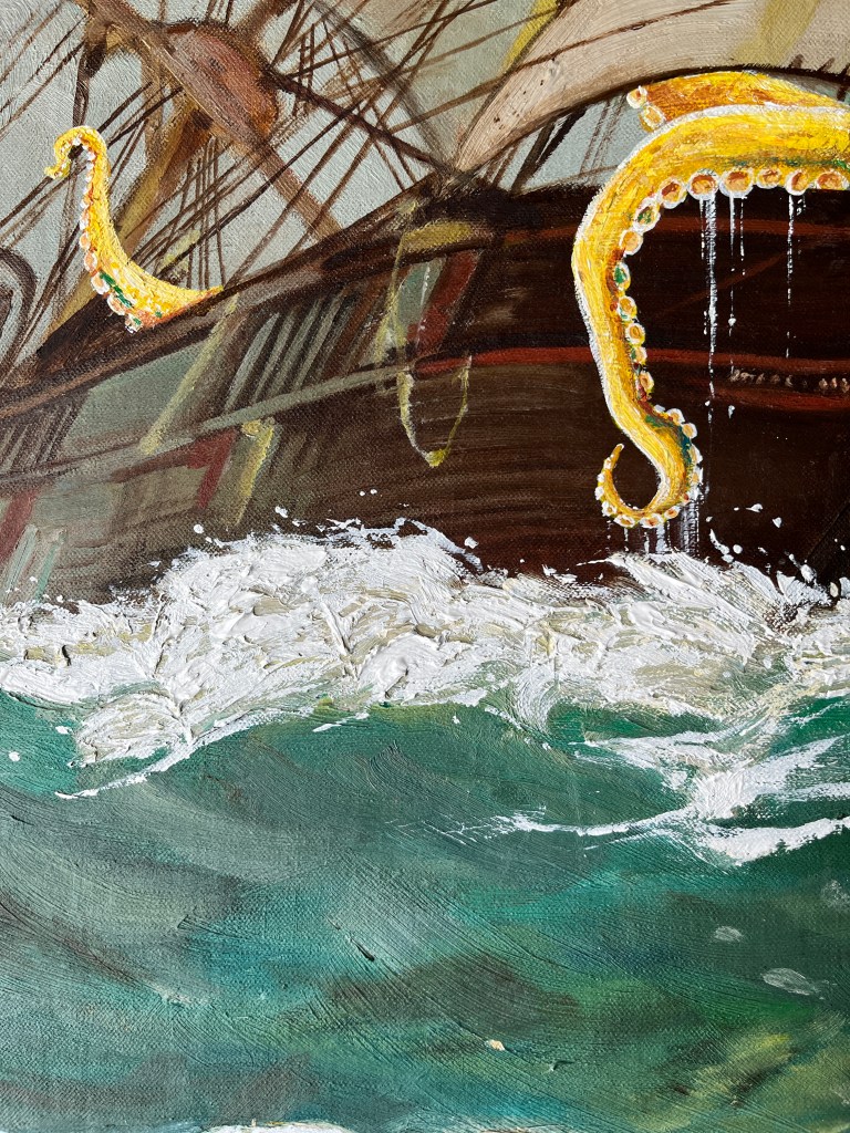 upcycled vintage art mixed media ship nautical painting octopus heather castles