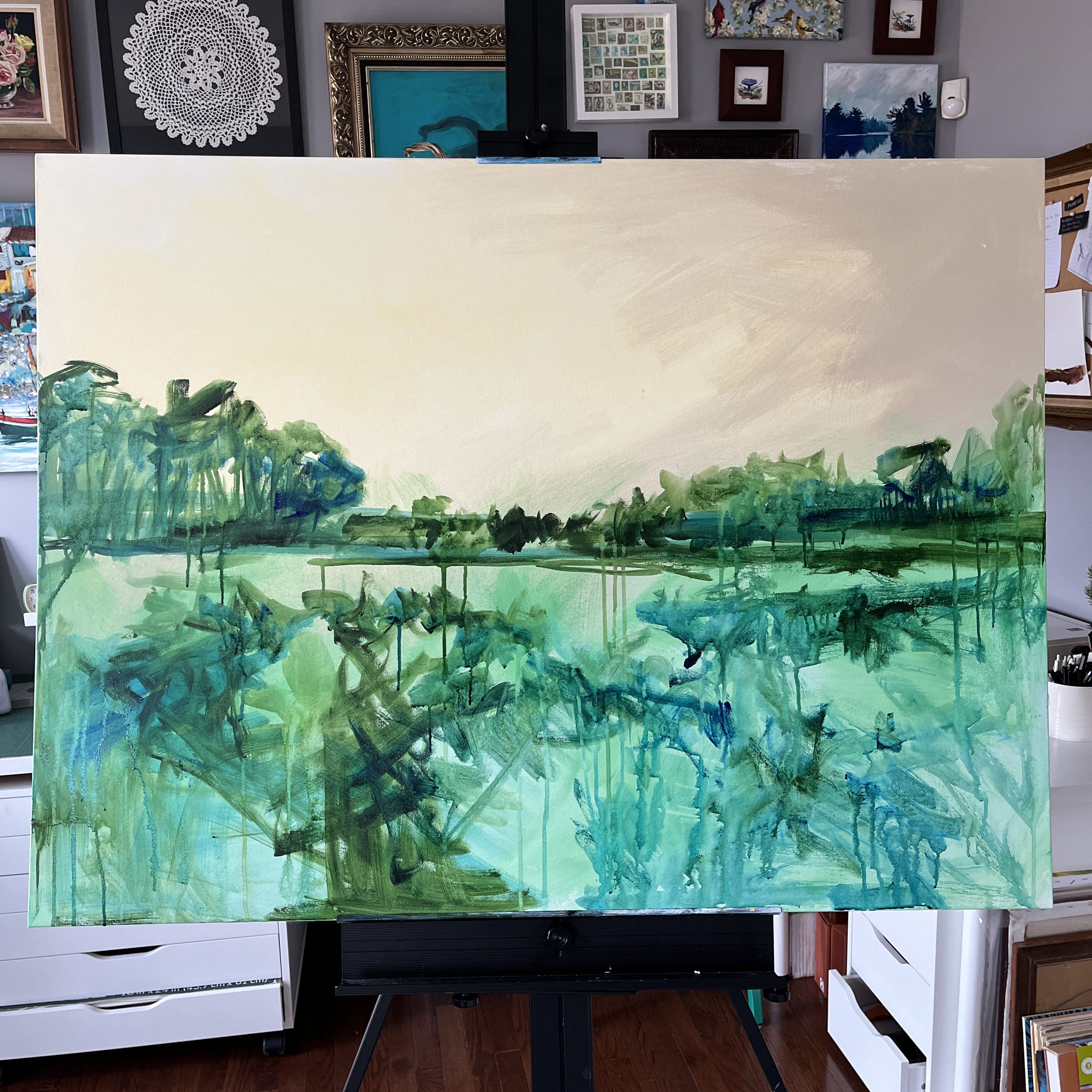 Acrylic Painting by Heather Castles of a field of dahlias at Andrews Scenic Acres, Milton, Ontario