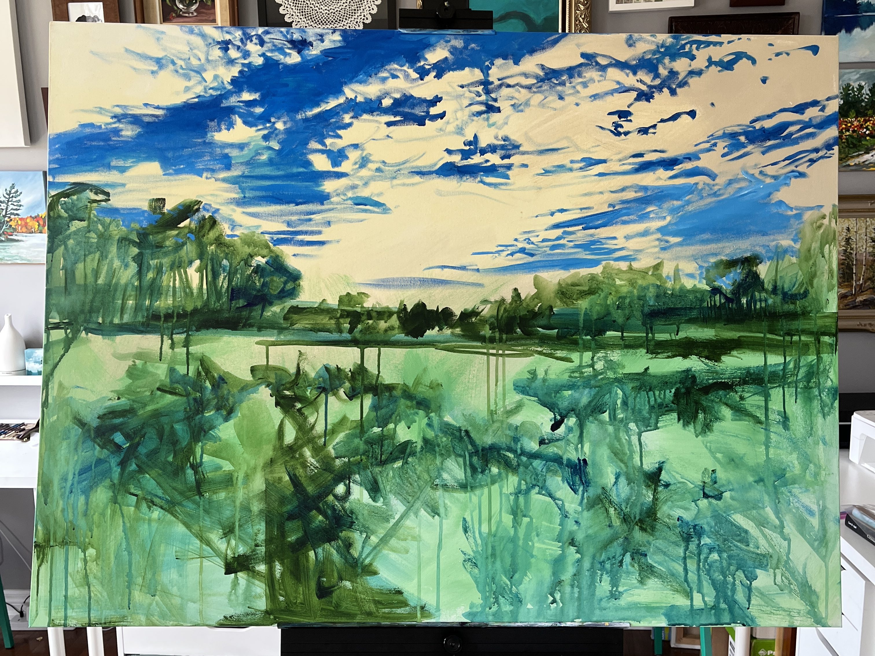 Acrylic Painting by Heather Castles of a field of dahlias at Andrews Scenic Acres, Milton, Ontario