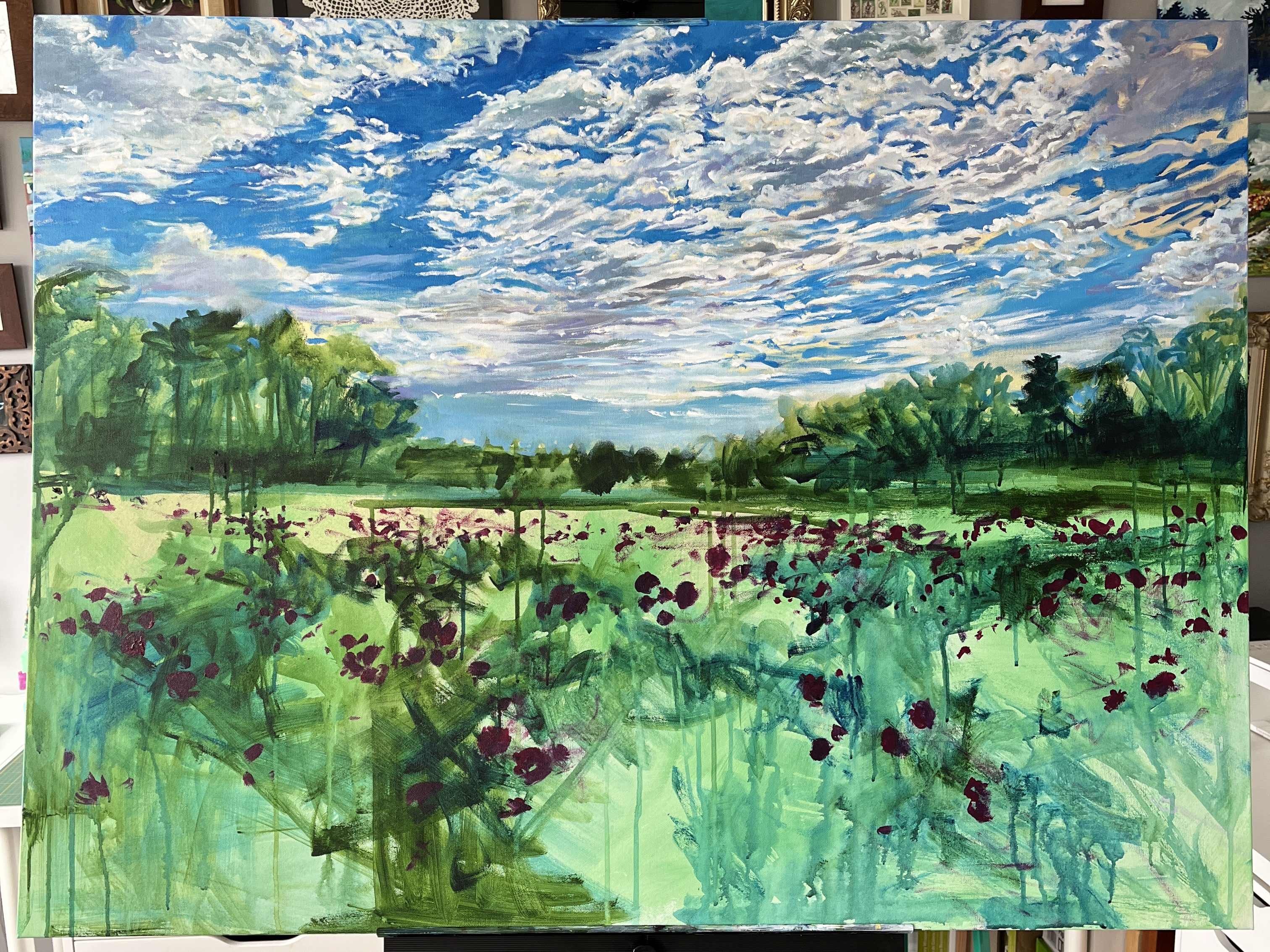 Acrylic Painting by Heather Castles of a field of dahlias at Andrews Scenic Acres, Milton, Ontario