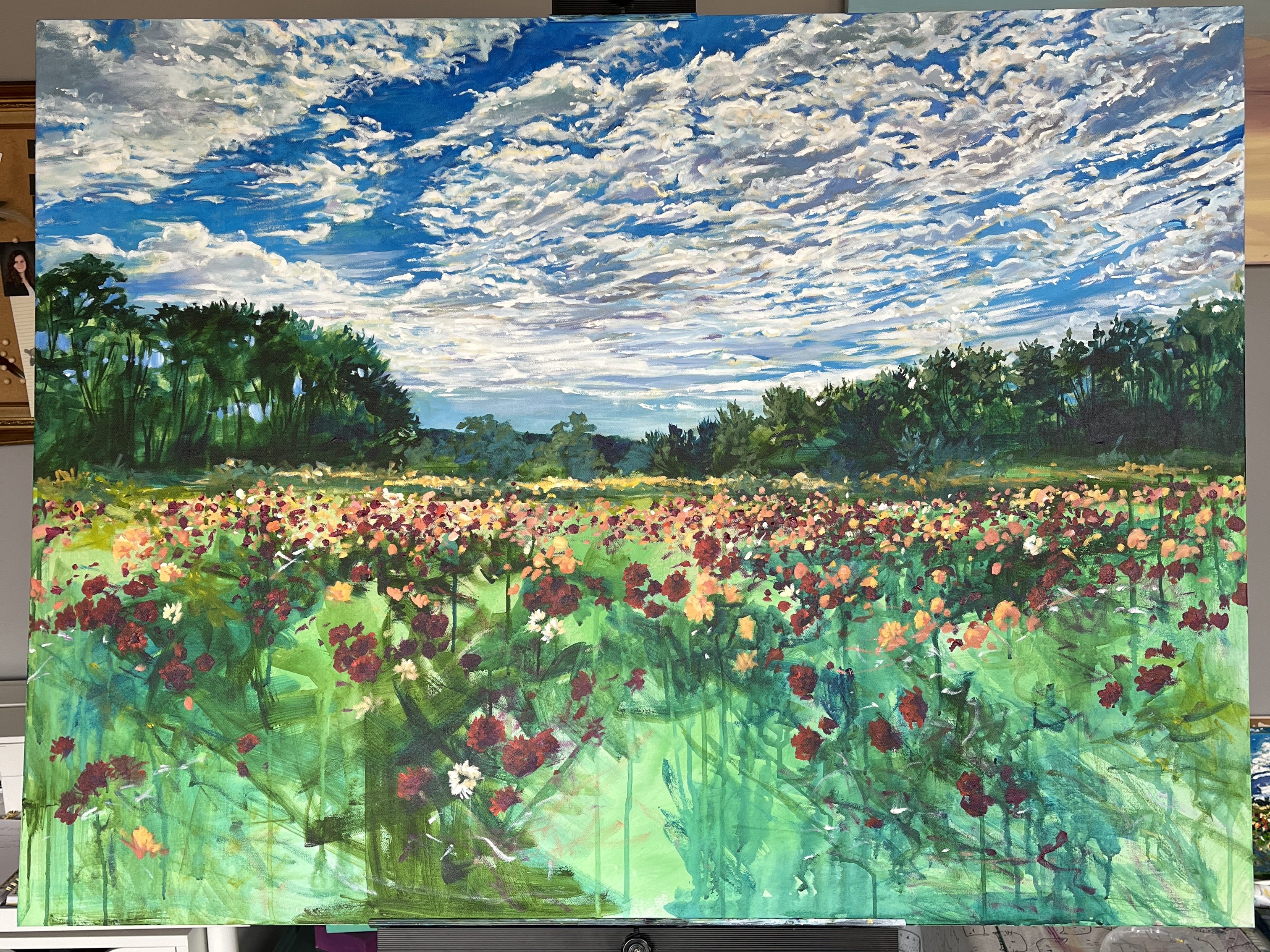 Acrylic Painting by Heather Castles of a field of dahlias at Andrews Scenic Acres, Milton, Ontario