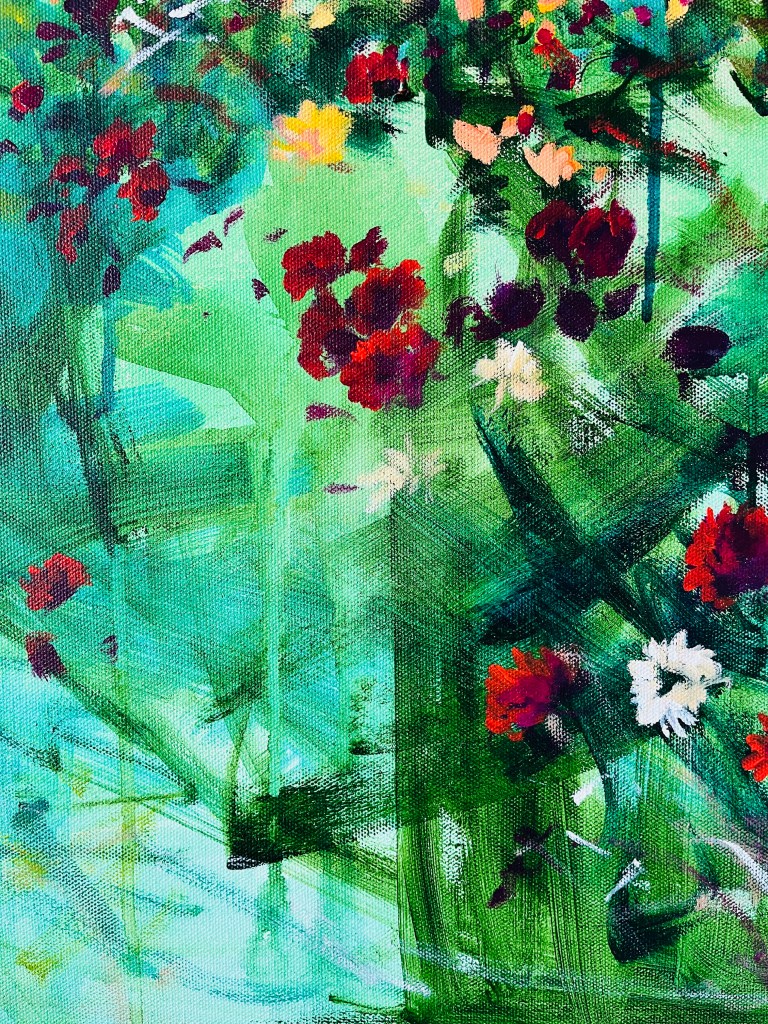 Acrylic Painting by Heather Castles of a field of dahlias at Andrews Scenic Acres, Milton, Ontario