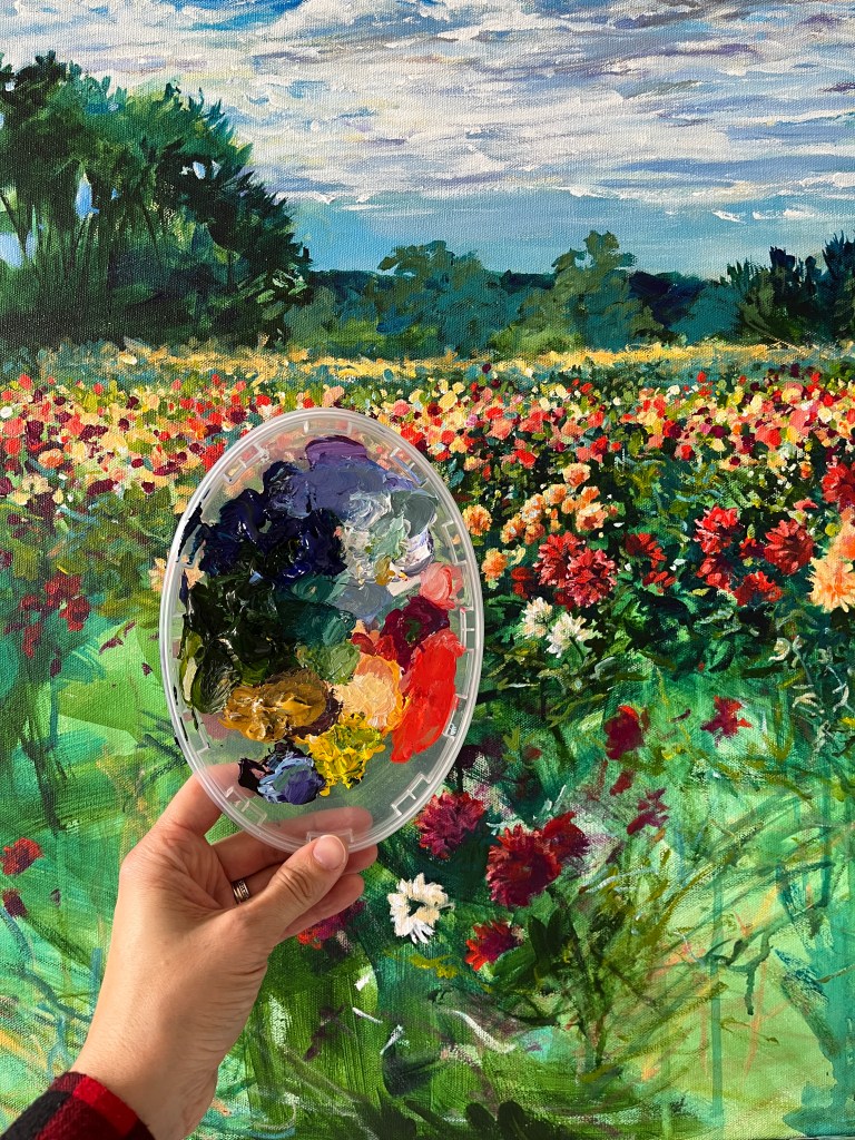 Acrylic Painting by Heather Castles of a field of dahlias at Andrews Scenic Acres, Milton, Ontario
