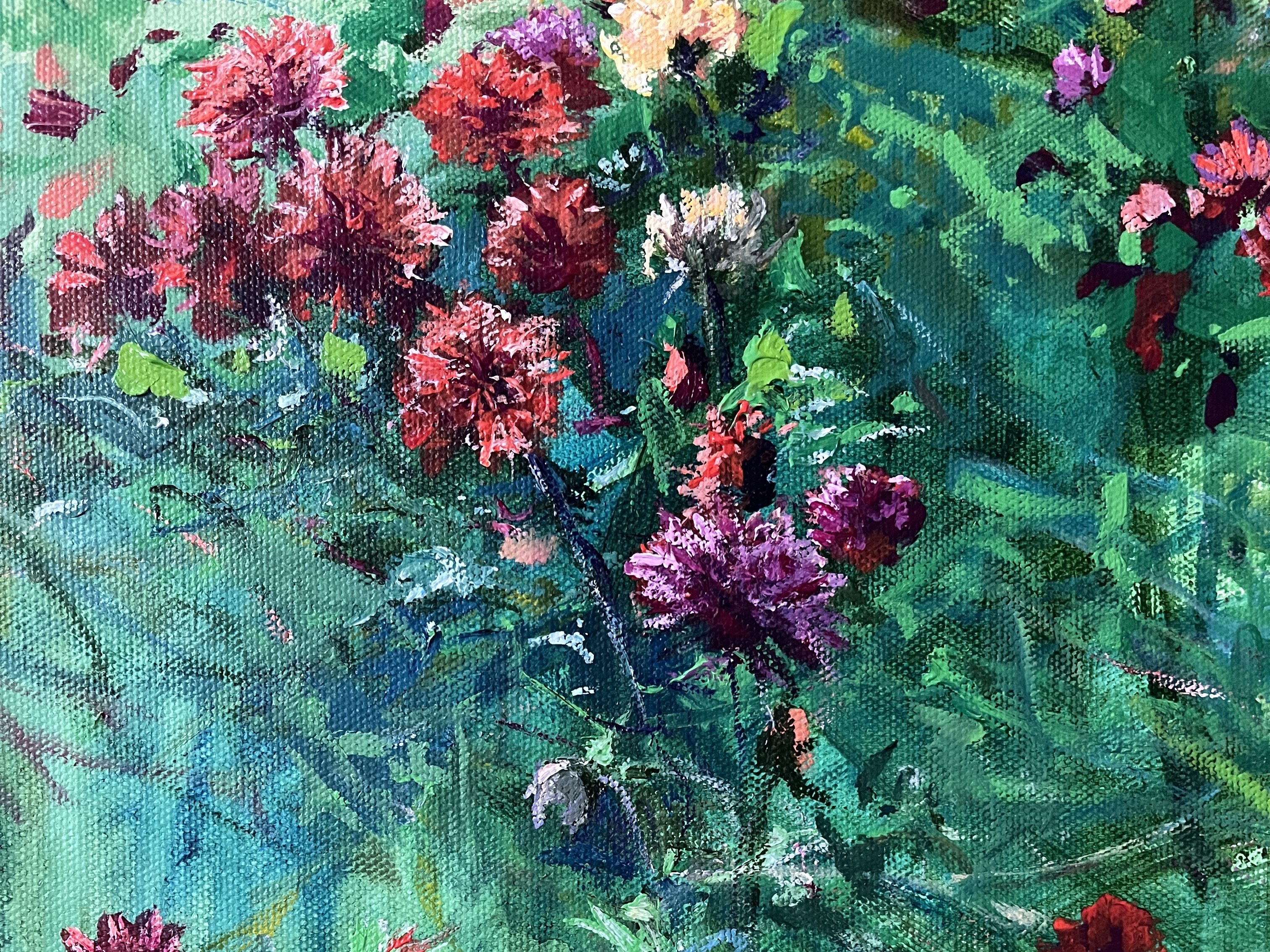 Acrylic Painting by Heather Castles of a field of dahlias at Andrews Scenic Acres, Milton, Ontario
