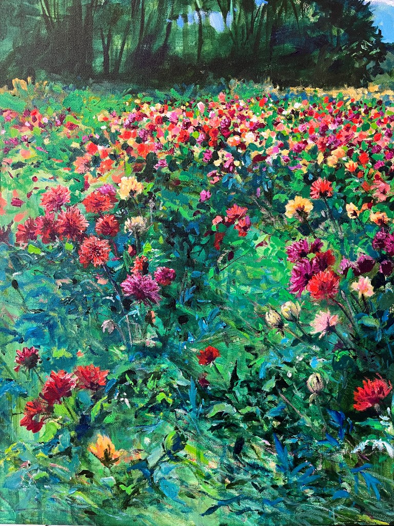 Acrylic Painting by Heather Castles of a field of dahlias at Andrews Scenic Acres, Milton, Ontario
