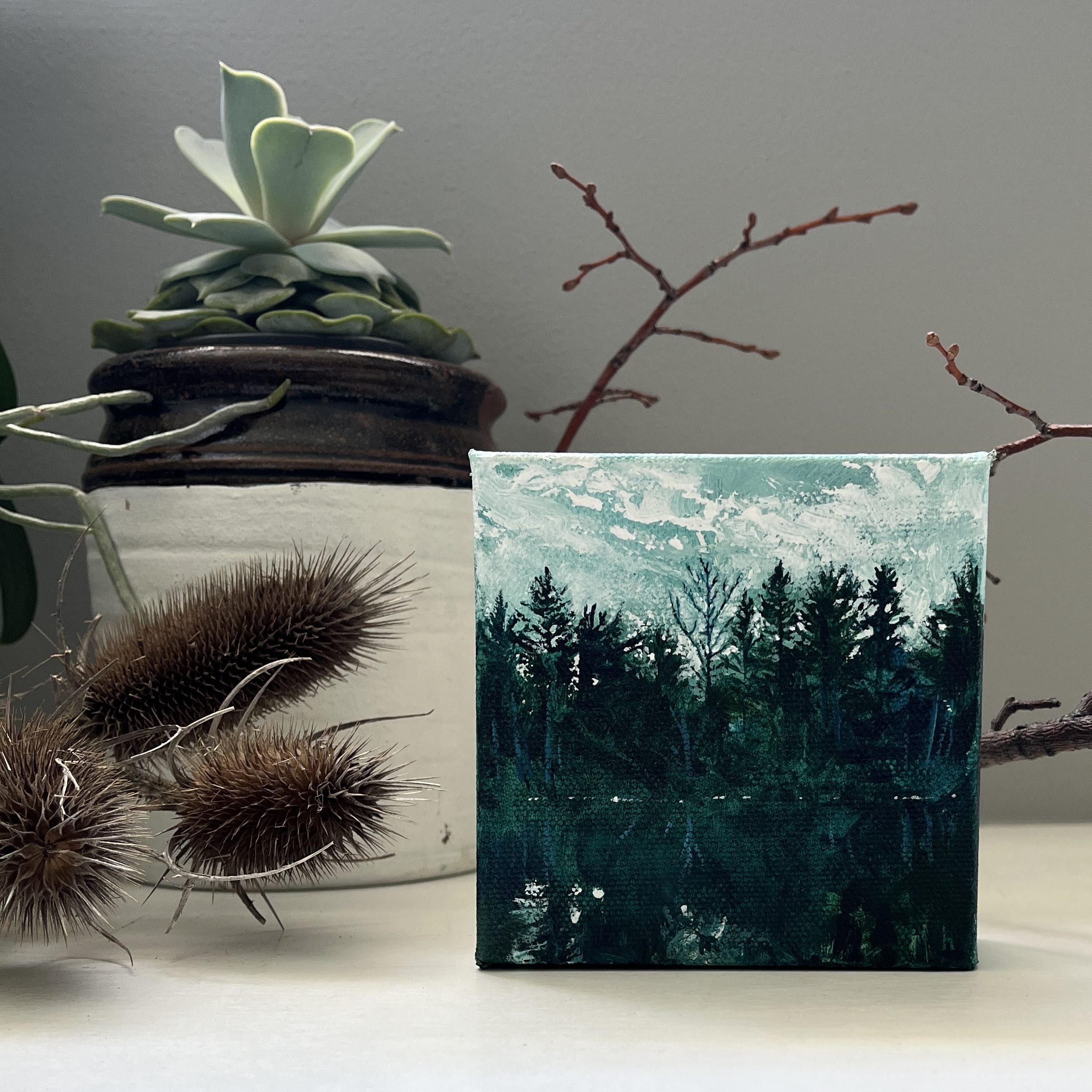 Petite expressionist acrylic paintings by Heather Castles inspired by Algonquin Park, Ontario.
