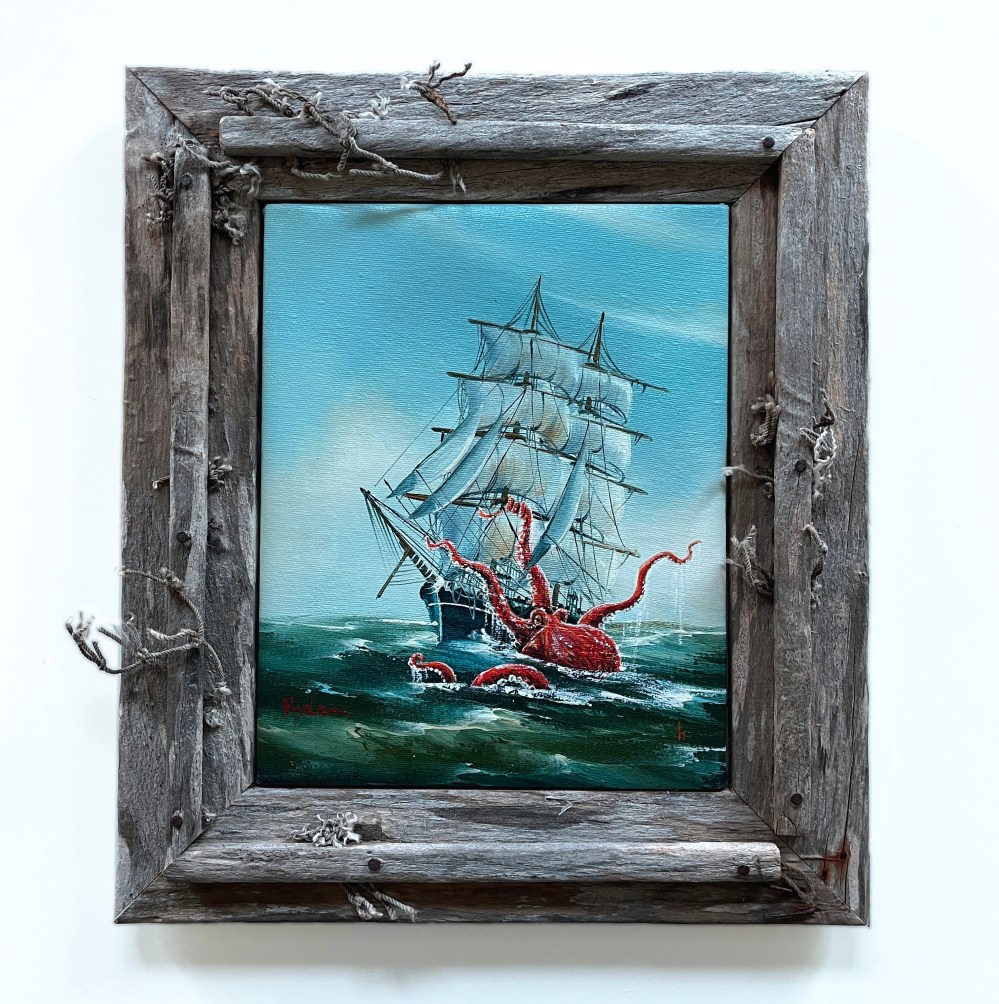 Original Octopus Vs Ship painting part of Heather Castles Upcycled Vintage Art collection